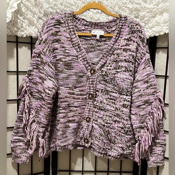 JESSICA SIMPSON Aamina Purple Knit Cardigan with Fringe, PLUS SIZE 2X - Picture 3 of 11